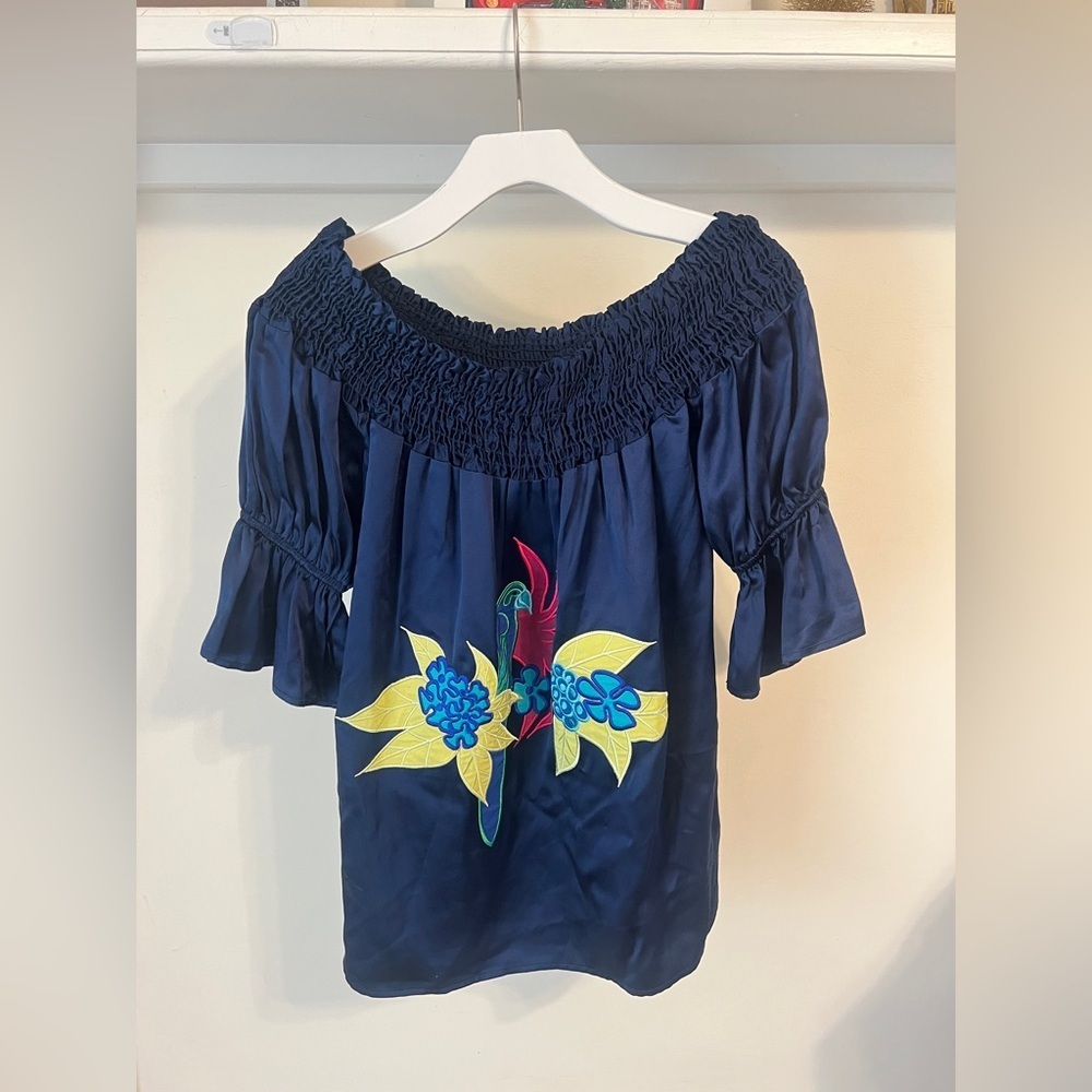 Voom by Joy Han Navy Blouse with Colorful Floral Design - Picture 1 of 7